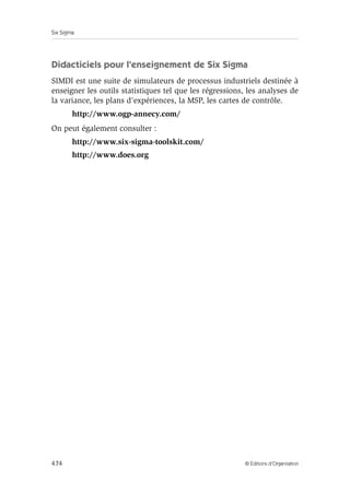 Sites internet utiles 
473 
Logiciels d'analyse statistique 
Les calculs de cet ouvrage ont été réalisés avec Minitab® logiciel d'ana-lyse 
statistique et Excel de Microsoft Office. 
http://www.minitab.com 
http://office.microsoft.com 
On peut également consulter : 
Statgraphics : http://www.microsigma.fr/Editeurs/STATGRA-PHICS/ 
STATGRAPHICS.html 
Statistica : http://www.statsoftinc.com/french/welcome.html 
SOS Stat : http://educlos.free.fr/sosstat.html 
Des feuilles de calculs statistiques Excel gratuites sont disponibles sur 
le site du département OGP de l'IUT d'annecy : 
http://www.ogp.univ-savoie.fr/espace.htm 
 
