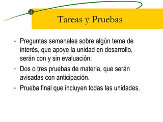 Tareas y Pruebas Preguntas semanales sobre algún tema de interés, que apoye la unidad en desarrollo, serán con y sin evaluación. Dos o tres pruebas de materia, que serán avisadas con anticipación. Prueba final que incluyen todas las unidades. 