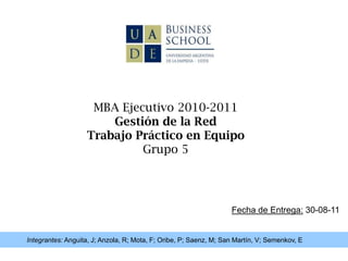 MBA Ejecutivo 2010-2011 Gestión de la Red Trabajo Práctico en Equipo Grupo 5 Fecha de Entrega: 30-08-11 Integrantes: Anguita, J; Anzola, R; Mota, F; Oribe, P; Saenz, M; San Martín, V; Semenkov, E 