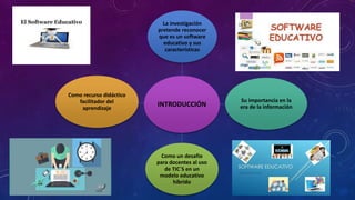INTRODUCCIÓN
La investigación
pretende reconocer
que es un software
educativo y sus
características
Su importancia en la
era de la información
Como un desafío
para docentes al uso
de TIC´S en un
modelo educativo
híbrido
Como recurso didáctico
facilitador del
aprendizaje
 