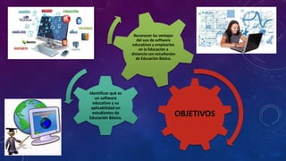 OBJETIVOS
Identificar qué es
un software
educativo y su
aplicabilidad en
estudiantes de
Educación Básica.
Reconocer las ventajas
del uso de software
educativos y emplearlos
en la Educación a
distancia con estudiantes
de Educación Básica.
 