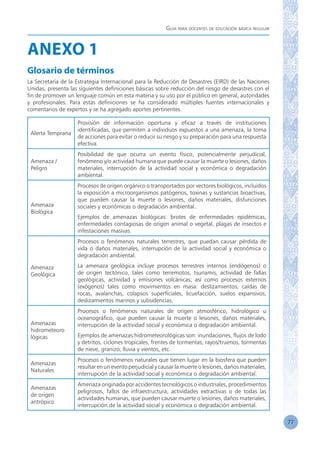 Guía para docentes de educación básica regular
77
ANEXO 1
Glosario de términos
La Secretaría de la Estrategia Internacional para la Reducción de Desastres (EIRD) de las Naciones
Unidas, presenta las siguientes definiciones básicas sobre reducción del riesgo de desastres con el
fin de promover un lenguaje común en esta materia y su uso por el público en general, autoridades
y profesionales. Para estas definiciones se ha considerado múltiples fuentes internacionales y
comentarios de expertos y se ha agregado aportes pertinentes.
Alerta Temprana
Provisión de información oportuna y eficaz a través de instituciones
identificadas, que permiten a individuos expuestos a una amenaza, la toma
de acciones para evitar o reducir su riesgo y su preparación para una respuesta
efectiva.
Amenaza /
Peligro
Posibilidad de que ocurra un evento físico, potencialmente perjudicial,
fenómeno y/o actividad humana que puede causar la muerte o lesiones, daños
materiales, interrupción de la actividad social y económica o degradación
ambiental.
Amenaza
Biológica
Procesos de origen orgánico o transportados por vectores biológicos, incluidos
la exposición a microorganismos patógenos, toxinas y sustancias bioactivas,
que pueden causar la muerte o lesiones, daños materiales, disfunciones
sociales y económicas o degradación ambiental.
Ejemplos de amenazas biológicas: brotes de enfermedades epidémicas,
enfermedades contagiosas de origen animal o vegetal, plagas de insectos e
infestaciones masivas.
Amenaza
Geológica
Procesos o fenómenos naturales terrestres, que puedan causar pérdida de
vida o daños materiales, interrupción de la actividad social y económica o
degradación ambiental.
La amenaza geológica incluye procesos terrestres internos (endógenos) o
de origen tectónico, tales como terremotos, tsunamis, actividad de fallas
geológicas, actividad y emisiones volcánicas; así como procesos externos
(exógenos) tales como movimientos en masa: deslizamientos, caídas de
rocas, avalanchas, colapsos superficiales, licuefacción, suelos expansivos,
deslizamientos marinos y subsidencias.
Amenazas
hidrometeoro
lógicas
Procesos o fenómenos naturales de origen atmosférico, hidrológico u
oceanográfico, que pueden causar la muerte o lesiones, daños materiales,
interrupción de la actividad social y económica o degradación ambiental.
Ejemplos de amenazas hidrometeorológicas son: inundaciones, flujos de lodo
y detritos, ciclones tropicales, frentes de tormentas, rayos/truenos, tormentas
de nieve, granizo, lluvia y vientos, etc.
Amenazas
Naturales
Procesos o fenómenos naturales que tienen lugar en la biosfera que pueden
resultar en un evento perjudicial y causar la muerte o lesiones, daños materiales,
interrupción de la actividad social y económica o degradación ambiental.
Amenazas
de origen
antrópico
Amenaza originada por accidentes tecnológicos o industriales, procedimientos
peligrosos, fallos de infraestructura, actividades extractivas o de todas las
actividades humanas, que pueden causar muerte o lesiones, daños materiales,
interrupción de la actividad social y económica o degradación ambiental.
 