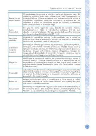 Guía para docentes de educación básica regular
79
Evaluación del
riesgo / análisis
Metodología para determinar la naturaleza y el grado de riesgo a través del
análisis de amenazas potenciales y evaluación de condiciones existentes de
vulnerabilidad que pudieran representar una amenaza potencial o daño a
la población, propiedades, medios de subsistencia y al ambiente del cual
dependen. El análisis de capacidades resulta, en tal marco, fundamental
como un factor inverso al análisis de riesgo.
Gases
Invernadero
Un gas, tal como vapor de agua, bióxido de carbono, metano,
clorofluorocarbonos (CFCs) e hidroclorofluorocarbonos (HCFCs), que
absorbe y re-emite la radiación infrarroja, calentando la superficie terrestre y
contribuyendo al cambio climático (UNEP, 1998).
Gestión de
desastres
Organización y gestión de recursos y responsabilidades para el manejo de
todos los aspectos de las emergencias, en particular preparación, respuesta y
rehabilitación, entendidos como un solo proceso.
Gestión del
riesgo de
desastres
Proceso social complejo que conduce al planeamiento y aplicación de políticas,
estrategias, instrumentos y medidas orientadas a impedir, reducir, prever y
controlar los efectos adversos de fenómenos peligrosos sobre la población,
los bienes y servicios y el ambiente. Acciones integradas de reducción de
riesgos a través de actividades de prevención, mitigación, preparación para la
atención de emergencias y recuperación post impacto.
Mitigación
Planificación y ejecución de medidas de intervención dirigidas a reducir o
disminuir el riesgo. La mitigación es el resultado de la aceptación de que no
es posible controlar el riesgo totalmente; es decir, que en muchos casos no
es posible impedir o evitar totalmente los daños y sus consecuencias y sólo es
posible atenuarlas.
Preparación
Actividades y medidas tomadas anticipadamente para asegurar una respuesta
eficaz ante el impacto de amenazas, incluyendo la emisión oportuna y efectiva
de sistemas de alerta temprana y la evacuación temporal de población y
propiedades del área amenazada.
Prevención
Actividades tendentes a evitar el impacto adverso de amenazas, y medios
empleados para minimizar los desastres ambientales, tecnológicos y biológicos
relacionados con dichas amenazas.
Recuperación
Decisiones y acciones tomadas luego de un desastre con el objeto de restaurar
las condiciones de vida de la comunidad afectada, mientras se promueven y
facilitan a su vez los cambios necesarios para la reducción de desastres.
 