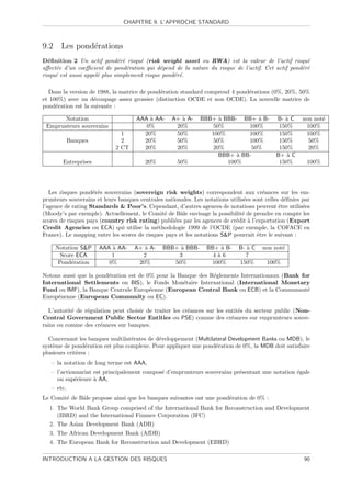 CHAPITRE 9. L’APPROCHE STANDARD



9.2 Les pond´rations
            e
D´ﬁnition 2 Un actif pond´r´ risqu´ (risk weight asset ou RWA) est la valeur de l’actif risqu´
  e                            e e    e                                                             e
aﬀect´e d’un coeﬃcient de pond´ration qui d´pend de la nature du risque de l’actif. Cet actif pond´r´
     e                             e          e                                                   e e
risqu´ est aussi appel´ plus simplement risque pond´r´.
     e                e                            e e

  Dans la version de 1988, la matrice de pond´ration standard comprend 4 pond´rations (0%, 20%, 50%
                                             e                               e
et 100%) avec un d´coupage assez grossier (distinction OCDE et non OCDE). La nouvelle matrice de
                    e
pond´ration est la suivante :
     e

       Notation                      AAA ` AA-
                                         a         A+ ` A-
                                                      a        BBB+ ` BBB- BB+ ` B-
                                                                     a            a          B- ` C
                                                                                                a      non not´
                                                                                                              e
 Emprunteurs souverains                 0%          20%            50%        100%            150%      100%
                               1       20%          50%           100%        100%            150%      100%
            Banques            2       20%          50%            50%        100%            150%       50%
                             2 CT      20%          20%            20%          50%           150%       20%
                                                                     BBB+ ` BB-
                                                                          a                  B+ ` C
                                                                                                 a
        Entreprises                      20%         50%               100%                   150%       100%




   Les risques pond´r´s souverains (sovereign risk weights) correspondent aux cr´ances sur les em-
                    ee                                                                  e
prunteurs souverains et leurs banques centrales nationales. Les notations utilis´es sont celles d´ﬁnies par
                                                                                e                e
l’agence de rating Standards  Poor’s. Cependant, d’autres agences de notations peuvent ˆtre utilis´es
                                                                                               e        e
(Moody’s par exemple). Actuellement, le Comit´ de Bˆle envisage la possibilit´ de prendre en compte les
                                                e     a                        e
scores de risques pays (country risk rating) publi´es par les agences de cr´dit ` l’exportation (Export
                                                   e                        e     a
Credit Agencies ou ECA) qui utilise la m´thodologie 1999 de l’OCDE (par exemple, la COFACE en
                                            e
France). Le mapping entre les scores de risques pays et les notations SP pourrait ˆtre le suivant :
                                                                                      e

     Notation SP     AAA ` AA-
                          a         A+ ` A-
                                       a        BBB+ ` BBB-
                                                     a           BB+ ` B-
                                                                      a       B- ` C
                                                                                 a     non not´
                                                                                              e
       Score ECA          1           2             3              4`6
                                                                    a           7
      Pond´ration
           e             0%          20%           50%            100%        150%       100%

Notons aussi que la pond´ration est de 0% pour la Banque des R´glements Internationaux (Bank for
                        e                                     e
International Settlements ou BIS), le Fonds Mon´taire International (International Monetary
                                                    e
Fund ou IMF), la Banque Centrale Europ´enne (European Central Bank ou ECB) et la Communaut´
                                        e                                                      e
Europ´nenne (European Community ou EC).
     e

  L’autorit´ de r´gulation peut choisir de traiter les cr´ances sur les entit´s du secteur public (Non-
           e     e                                       e                   e
Central Government Public Sector Entities ou PSE) comme des cr´ances sur emprunteurs souve-
                                                                          e
rains ou comme des cr´ances sur banques.
                      e

  Concernant les banques multilat´rates de d´veloppement (Multilateral Development Banks ou MDB), le
                                  e         e
syst`me de pond´ration est plus complexe. Pour appliquer une pond´ration de 0%, la MDB doit satisfaire
    e             e                                              e
plusieurs crit`res :
              e
   – la notation de long terme est AAA,
   – l’actionnariat est principalement compos´ d’emprunteurs souverains pr´sentant une notation ´gale
                                             e                            e                     e
     ou sup´rieure ` AA,
            e       a
   – etc.
Le Comit´ de Bˆle propose ainsi que les banques suivantes ont une pond´ration de 0% :
        e     a                                                       e
  1. The World Bank Group comprised of the International Bank for Reconstruction and Development
     (IBRD) and the International Finance Corporation (IFC)
  2. The Asian Development Bank (ADB)
  3. The African Development Bank (AfDB)
  4. The European Bank for Reconstruction and Development (EBRD)

INTRODUCTION A LA GESTION DES RISQUES                                                                   90
 