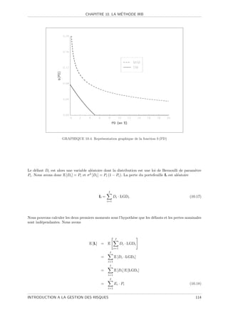 ´
                                  CHAPITRE 10. LA METHODE IRB




                    GRAPHIQUE 10.4. Repr´sentation graphique de la fonction b (PD)
                                        e




Le d´faut Di est alors une variable al´atoire dont la distribution est une loi de Bernoulli de param`tre
      e                                 e                                                               e
Pi . Nous avons donc E [Di ] = Pi et σ 2 [Di ] = Pi (1 − Pi ). La perte du portefeuille L est al´atoire
                                                                                                e



                                                   I
                                             L=         Di · LGDi                                (10.17)
                                                  i=1




Nous pouvons calculer les deux premiers moments sous l’hypoth`se que les d´fauts et les pertes nominales
                                                             e            e
sont ind´pendantes. Nous avons
        e



                                                         I
                                     E [L]   = E              Di · LGDi
                                                        i=1
                                                   I
                                             =          E [Di · LGDi ]
                                                  i=1
                                                   I
                                             =          E [Di ] E [LGDi ]
                                                  i=1
                                                   I
                                             =          Ei · Pi                                  (10.18)
                                                  i=1


INTRODUCTION A LA GESTION DES RISQUES                                                                114
 