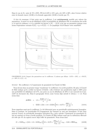 ´
                                   CHAPITRE 10. LA METHODE IRB



Dans le cas o` E1 varie de 5% ` 95%, PD de 0.10% ` 15% and ρ de 10% ` 30%, alors l’erreur relative
             u                  a                     a                    a
entre la formule exacte (10.90) et la formule approch´e (10.89) n’exc`de pas 1%.
                                                     e               e

   A titre de remarque, il faut noter que le coeﬃcient β est extrˆmement sensible aux valeurs des
                                                                      e
param`tres : la perte en cas de d´faillance LGD, la probabilit´ de d´faillance PD, la corr´lation des actifs
       e                         e                            e     e                      e
ρ, le seuil de conﬁance α et la volatilit´ du facteur σ [X] — E [X] n’est pas un param`tre puisque nous
                                         e                                               e
avons l’´quivalence suivante E [Pi ] = pi ⇔ E [X] = 1. Le graphique 10.10 illustre cette sensibilit´.
         e                                                                                         e




GRAPHIQUE 10.10. Impact des param`tres sur le coeﬃcient β (valeurs par d´faut : LGD = 50%, α = 99.5%,
                                 e                                      e
ρ = 20% et σ [X] = 2)



10.4.3.2 Du coeﬃcient β ` l’ajustement de granularit´ du Comit´ de Bˆle
                        a                           e         e     a
  Nous devons dans un premier temps ‘transformer’ le coeﬃcient β en actifs pond´r´s. De plus, le Comit´
                                                                                 ee                    e
de Bˆle indique qu’il a utilis´ un facteur d’´chelle c aﬁn d’obtenir une pond´ration ´gale ` 100% pour
     a                        e              e                                e      e     a
une probabilit´ de d´faillance de 0.7%, une perte en cas de d´faillance de 50% et une maturit´ de 3 ans.
              e     e                                         e                              e
(§457 du document [3]). Dans le paragraphe 10.2.2, nous l’avons d´j` calcul´ et obtenu c
                                                                     ea       e                1.5. Nous
avons donc

                                          EAD ×β
                    ∆ RWA =       1.5 ×              8%
                                            n
                                                                              PD
                              =   EAD × (0.6 + 1.8 × LGD) 9.5 + 13.75 ×               n             (10.91)
                                                                              F

Nous rappelons aussi que le coeﬃcient β a ´t´ d´termin´ pour un portefeuille statistiquement homog`ne.
                                            ee e        e                                          e
Dans la pratique, les portefeuilles Π d’engagement des banques ne sont pas homog`nes. Il faut donc
                                                                                      e
pouvoir trouver un portefeuille homog`ne ´quivalent ΠAG pour calculer l’ajustement de granularit´ G,
                                       e e                                                         e
qui est exprim´ en terme d’actifs pond´r´s. Le Comit´ de Bˆle indique aussi que la calibration eﬀectu´e
               e                       ee             e       a                                      e
est telle que 4% du capital couvre d´j` l’eﬀet de granularit´. Nous avons donc
                                    ea                      e

                                                            PDAG
     G = EADAG × (0.6 + 1.8 × LGDAG ) 9.5 + 13.75 ×                    nAG − 0.04 × RWANR           (10.92)
                                                             FAG

                ´
10.4. GRANULARITE DU PORTEFEUILLE                                                                       129
 