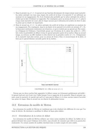 `
                               CHAPITRE 12. LE MODELE DE LA FIRME



  1. Dans le premier cas, d  1 : le spread est une fonction d´croissante du temps restant avant maturit´.
                                                                e                                       e
     La valeur anticip´e (au taux sans risque) des actifs de la ﬁrme ` la maturit´ T est inf´rieure au
                       e                                                 a            e         e
     montant de ses engagements. Or, il est d’autant plus probable que la valeur anticip´e des actifs se
                                                                                           e
     r´alise que la date d’´ch´ance se rapproche. Par cons´quent, pour un niveau de levier d  1, plus le
      e                    e e                               e
     temps avant maturit´ est court, plus le risque encouru par le d´tenteur de la dette est ´lev´ et plus
                           e                                          e                       e e
     la prime qui en r´sulte est importante.
                       e
  2. Dans le second cas, d  1 : la valeur anticip´e des actifs de la ﬁrme est sup´rieure au montant de
                                                    e                               e
     ses engagements. Par cons´quent, dans le cas limite o` la maturit´ de la dette est atteinte (T = 0),
                                e                             u          e
     la ﬁrme peut enti`rement rembourser ses cr´anciers, ce qui se traduit par un spread nul. Par contre,
                       e                          e
     en s’´loignant de l’´ch´ance, l’incertitude pesant sur l’´volution de la valeur des actifs (σ = 10%)
           e             e e                                    e
     fait croˆ la probabilit´ de d´faut et donc le spread (premi`re partie de la courbe). Dans un second
             ıtre             e     e                             e
     temps, on retrouve un eﬀet similaire ` celui observ´ sur la premi`re courbe (d  1) : l’´loignement
                                            a              e            e                     e
     de la maturit´ rend plus certain, pour un niveau de levier d ﬁx´, le recouvrement de la dette, si
                    e                                                    e
     bien que le spread diminue (seconde partie de la courbe).




                                 GRAPHIQUE 12.1. Eﬀet de levier (d  1)

   Notons que ces deux courbes font apparaˆ le d´faut comme un ´v`nement parfaitement pr´visible :
                                               ıtre    e               e e                        e
le spread tend soit vers 0 soit vers l’inﬁni lorsque l’on se rapproche de la maturit´. Dans le premier cas,
                                                                                    e
juste avant la maturit´, le march´ sait qu’il n’y aura pas de d´faut et n’a donc aucune raison d’accorder
                      e           e                              e
une prime de risque. Dans le second cas, on observe le ph´nom`ne inverse.
                                                             e     e


12.2 Extensions du mod`le de Merton
                      e
  Les extensions du mod`le de Merton ne conduisent pas ` des r´sultats tr`s diﬀ´rents de ceux que l’on
                           e                                 a     e          e e
vient de d´crire. Ils cherchent ` mod´liser le d´faut de fa¸on plus r´aliste.
          e                     a    e          e          c         e

12.2.1 G´n´ralisation de la notion de d´faut
        e e                            e
  Les extensions du mod`le de Merton utilisent une vision moins simpliste du d´faut. La faillite est en
                         e                                                        e
g´n´ral d´clar´e bien avant l’´ch´ance de la dette, sans attendre de constater que celle-ci ne pourra ˆtre
 e e     e    e               e e                                                                     e
rembours´e. Un certain nombre de mod`les cherchent donc ` rendre compte de cette r´alit´.
         e                              e                    a                          e e

INTRODUCTION A LA GESTION DES RISQUES                                                                  144
 