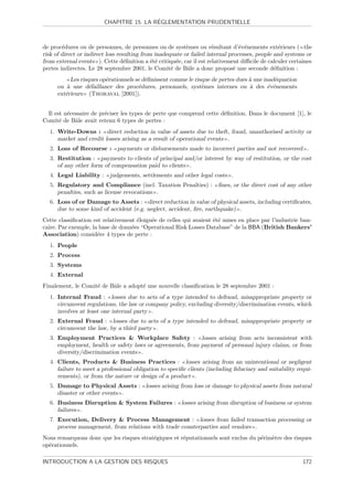 ´
                         CHAPITRE 15. LA REGLEMENTATION PRUDENTIELLE



de proc´dures ou de personnes, de personnes ou de syst`mes ou r´sultant d’´v´nements ext´rieurs ( the
        e                                                  e          e          e e             e
risk of direct or indirect loss resulting from inadequate or failed internal processes, people and systems or
from external events ). Cette d´ﬁnition a ´t´ critiqu´e, car il est relativement diﬃcile de calculer certaines
                                   e         ee        e
pertes indirectes. Le 28 septembre 2001, le Comit´ de Bˆle a donc propos´ une seconde d´ﬁnition :
                                                     e     a                   e               e
            Les risques op´rationnels se d´ﬁnissent comme le risque de pertes dues ` une inad´quation
                          e               e                                        a          e
      ou ` une d´faillance des proc´dures, personnels, syst`mes internes ou ` des ´v´nements
          a         e                  e                        e                  a       e e
      ext´rieurs (Thoraval [2001]).
         e


  Il est n´cessaire de pr´ciser les types de perte que comprend cette d´ﬁnition. Dans le document [1], le
          e              e                                             e
Comit´ de Bˆle avait retenu 6 types de pertes :
       e     a
  1. Write-Downs : direct reduction in value of assets due to theft, fraud, unauthorised activity or
     market and credit losses arising as a result of operational events .
  2. Loss of Recourse :       payments or disbursements made to incorrect parties and not recovered .
  3. Restitution : payments to clients of principal and/or interest by way of restitution, or the cost
     of any other form of compensation paid to clients .
  4. Legal Liability :     judgements, settlements and other legal costs .
  5. Regulatory and Compliance (incl. Taxation Penalties) :            ﬁnes, or the direct cost of any other
     penalties, such as license revocations .
  6. Loss of or Damage to Assets : direct reduction in value of physical assets, including certiﬁcates,
     due to some kind of accident (e.g. neglect, accident, ﬁre, earthquake) .
Cette classiﬁcation est relativement ´loign´e de celles qui avaient ´t´ mises en place par l’industrie ban-
                                     e     e                        ee
caire. Par exemple, la base de donn´es “Operational Risk Losses Database” de la BBA (British Bankers’
                                   e
Association) consid´re 4 types de perte :
                      e
  1. People
  2. Process
  3. Systems
  4. External
Finalement, le Comit´ de Bˆle a adopt´ une nouvelle classiﬁcation le 28 septembre 2001 :
                    e     a          e
  1. Internal Fraud : losses due to acts of a type intended to defraud, misappropriate property or
     circumvent regulations, the law or company policy, excluding diversity/discrimination events, which
     involves at least one internal party .
  2. External Fraud : losses due to acts of a type intended to defraud, misappropriate property or
     circumvent the law, by a third party .
  3. Employment Practices  Workplace Safety : losses arising from acts inconsistent with
     employment, health or safety laws or agreements, from payment of personal injury claims, or from
     diversity/discrimination events .
  4. Clients, Products  Business Practices : losses arising from an unintentional or negligent
     failure to meet a professional obligation to speciﬁc clients (including ﬁduciary and suitability requi-
     rements), or from the nature or design of a product .
  5. Damage to Physical Assets : losses arising from loss or damage to physical assets from natural
     disaster or other events .
  6. Business Disruption  System Failures : losses arising from disruption of business or system
     failures .
  7. Execution, Delivery  Process Management : losses from failed transaction processing or
     process management, from relations with trade counterparties and vendors .
Nous remarquons donc que les risques strat´giques et r´putationnels sont exclus du p´rim`tre des risques
                                          e           e                             e   e
op´rationnels.
  e

INTRODUCTION A LA GESTION DES RISQUES                                                                     172
 