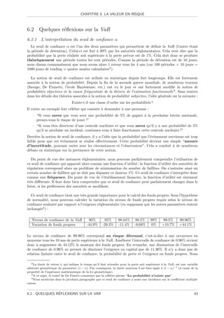 CHAPITRE 6. LA VALEUR EN RISQUE



6.2 Quelques r´ﬂexions sur la VaR
              e
6.2.1 L’interpr´tation du seuil de conﬁance α
               e
   Le seuil de conﬁance α est l’un des deux param`tres qui permettent de d´ﬁnir la VaR (l’autre ´tant
                                                     e                        e                     e
la p´riode de d´tention). Celui-ci est ﬁx´ ` 99% par les autorit´s r´glementaires. Cela veut dire que la
     e          e                         ea                      e e
probabilit´ que la perte r´alis´e soit sup´rieure ` la perte pr´vue est de 1%. Cela doit donc se produire
           e              e e             e       a            e
th´oriquement une p´riode toutes les cent p´riodes. Comme la p´riode de d´tention est de 10 jours,
   e                    e                        e                    e         e
nous disons commun´ment que nous avons alors 1 retour tous les 4 ans (car 100 p´riodes × 10 jours =
                     e                                                              e
1000 jours de trading quatre ann´es calendaires2 ).
                                     e

  La notion de seuil de conﬁance est utilis´e en statistique depuis fort longtemps. Elle est fortement
                                               e
associ´e ` la notion de probabilit´. Depuis la ﬁn de la seconde guerre mondiale, de nombreux travaux
      e a                           e
(Savage, De Finnetti, l’´cole Bay´sienne, etc.) ont vu le jour et ont fortement modiﬁ´ la notion de
                          e          e                                                          e
probabilit´s objectives et la vision fr´quentiste de la th´orie de l’estimation fonctionnelle 3 . Sans rentrer
          e                            e                  e
dans les d´tails des th´ories associ´es ` la notion de probabilit´ subjective, l’id´e g´n´rale est la suivante :
           e           e            e a                          e                 e e e
                                Existe-t-il une classe d’ordre sur les probabilit´s ?
                                                                                 e
Il existe un exemple fort c´l`bre qui consiste ` demander ` une personne :
                           ee                  a          a
    – “Si vous savez que vous avez une probabilit´ de 5% de gagner ` la prochaine loterie nationale,
                                                 e                 a
      prenez-vous le risque de jouer ?”
    – “Si vous ˆtes directeur d’une centrale nucl´aire et que vous savez qu’il y a une probabilit´ de 5%
                e                                e                                                  e
      qu’il se produise un incident, continuez-vous ` faire fonctionner cette centrale nucl´aire ?”
                                                    a                                      e
Derri`re la notion de seuil de conﬁance, il y a l’id´e que la probabilit´ que l’´v`nement survienne est trop
      e                                             e                   e       e e
faible pour que cet ´v`nement se r´alise eﬀectivement. Cette probabilit´ devient une simple “mesure
                     e e             e                                       e
d’incertitude, pouvant varier avec les circonstances et l’observateur”. Cela a conduit ` de nombreux
                                                                                             a
d´bats en statistique sur la pertinence de cette notion.
  e

   Du point de vue des instances r´glementaires, nous pouvons parfaitement comprendre l’utilisation de
                                     e
ce seuil de conﬁance qui apparaˆ alors comme une fonction d’utilit´ ; la fonction d’utilit´ des autorit´s de
                                 ıt                                e                      e            e
r´gulation correspond alors un probl`me de minimisation du nombre de faillites. On s’autorise ainsi un
 e                                     e
certain nombre de faillites qui ne doit pas d´passer ce fameux 1%. Ce seuil de conﬁance s’interpr`te donc
                                             e                                                     e
comme une fr´quence. Du point de vue de l’´tablissement ﬁnancier, la fonction d’utilit´ est sˆrement
                e                               e                                            e     u
tr`s diﬀ´rente. Il faut donc bien comprendre que ce seuil de conﬁance peut parfaitement changer dans le
  e      e
futur, si les pr´f´rences des autorit´s se modiﬁent.
                ee                   e

  Ce seuil de conﬁance tient une tr`s grande importance pour le calcul des fonds propres. Sous l’hypoth`se
                                   e                                                                   e
de normalit´, nous pouvons calculer la variation du niveau de fonds propres requis selon le niveau de
            e
conﬁance souhait´ par rapport ` l’exigence r´glementaire (en supposant que les autres param`tres restent
                 e             a             e                                                e
inchang´s4 ) :
       e

   Niveau de conﬁance de la VaR             90%         95%       98.04%       98.5%      99%      99.5%       99.96%
   Variation de fonds propres              -44.9%      -29.3%     -11.4%      -9,69%      0%      +10.7%       +44.1%

Le niveau de conﬁance de 99.96% correspond au risque d´cennal, c’est-`-dire ` une occurence en
                                                                e               a      a
moyenne tous les 10 ans de perte sup´rieure ` la VaR. Am´liorer l’intervalle de conﬁance de 0.96% revient
                                       e     a              e
donc ` augmenter de 44.12% le montant des fonds propres. En revanche, une diminution de l’intervalle
      a
de conﬁance de 0.96% ne permet de diminuer l’exigence en capital que de 11.36%. Il n’y a donc pas de
relation lin´aire entre le seuil de conﬁance, la probabilit´ de perte et l’exigence en fonds propres. Nous
            e                                              e

   2 La  dur´e de retour t, qui indique le temps qu’il faut attendre pour la perte soit sup´rieure ` la VaR, est une variable
             e                                                                              e      a
al´atoire g´om´trique de param`tre (1 − α). Par cons´quent, la dur´e moyenne ¯ est bien ´gale ` (1 − α)−1 (` cause de la
  e         e e                    e                    e             e           t           e    a            a
propri´t´ de l’esp´rance math´matique de la loi g´om´trique).
       e e          e            e                 e e
    3 A ce sujet, le trait´ de De Finetti commence par la c´l`bre phrase “La probabilit´ n’existe pas”.
                          e                                ee                             e
    4 Nous montrons dans le prochain paragraphe que ce seuil de conﬁance a aussi une incidence sur le coeﬃcient multipli-

cateur.


               ´
6.2. QUELQUES REFLEXIONS SUR LA VAR                                                                                       43
 