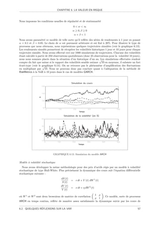 CHAPITRE 6. LA VALEUR EN RISQUE



Nous imposons les conditions usuelles de r´gularit´ et de stationnarit´
                                          e       e                   e
                                               0w∞
                                               α ≥ 0, β ≥ 0
                                                α+β 1
Nous avons param´tr´ ce mod`le de telle sorte qu’il reﬂ`te des s´ries de rendements ` 1 jour en posant
                   e e          e                         e        e                   a
α = 0.1 et β = 0.85. Le choix de w est purement arbitraire et est ﬁx´ ` 20%. Pour illustrer le type de
                                                                        ea
processus que nous obtenons, nous repr´sentons quelques trajectoires simul´es (voir le graphique 6.13).
                                          e                                  e
Les rendements simul´s permettent de r´cup´rer les volatilit´s historiques 1 jour et 10 jours pour chaque
                       e                  e   e              e
trajectoire simul´e. Nous avons eﬀectu´ ceci sur 1000 simulations de trajectoires. Chacune des volatilit´s
                 e                      e                                                                 e
´tant calcul´e ` partir de 250 observations quotidiennes (donc 25 observations pour la volatilit´ 10 jours),
e           e a                                                                                 e
nous nous sommes plac´s dans la situation d’un historique d’un an.√ simulations eﬀectu´es rendent
                         e                                              Les                     e
compte du fait que mˆme si le rapport des volatilit´s semble estimer 10 en moyenne, il subsiste un fort
                       e                            e
´cart-type (voir le graphique 6.14). On ne retrouve pas le ph´nom`ne d’ampliﬁcation des ﬂuctuations
e                    √                                          e     e
en multipliant par 10. Nous ne pouvons donc pas conclure quant ` l’ad´quation de la m´thode de
                                                                         a    e                   e
RiskMetrics ` la VaR ` 10 jours dans le cas de mod`les GARCH.
             a         a                             e




                              GRAPHIQUE 6.13. Simulation du mod`le ARCH
                                                               e


Mod`le ` volatilit´ stochastique
   e a            e
  Nous avons d´velopper la mˆme m´thodologie pour des prix d’actifs r´gis par un mod`le ` volatilit´
                e            e      e                                e                 e a           e
stochastique de type Hull-White. Plus pr´cis´ment la dynamique des cours suit l’´quation diﬀ´rentielle
                                        e e                                     e           e
stochastique suivante :
                                     dS (t)
                                              = r dt + V (t) dW 1 (t)
                                      S (t)
                                     dV (t)
                                              = ν dt + η dW 2 (t)
                                     V (t)
                                                            1 ρ
o` W 1 et W 2 sont deux browniens de matrice de corr´lation
 u                                                  e              . Ce mod`le, sorte de processus
                                                                           e
                                                            ρ 1
ARCH en temps continu, reﬂ`te de mani`re assez satisfaisante la dynamique suivie par les cours de
                          e          e

               ´
6.2. QUELQUES REFLEXIONS SUR LA VAR                                                                      57
 