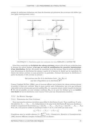 CHAPITRE 7. LES PROGRAMMES DE STRESS-TESTING



puisque de nombreuses r´alisations sont dans des domaines qui pr´sentent des occurences tr`s faibles (qui
                       e                                        e                         e
sont ´gales num´riquement ` z´ro).
     e         e           a e




          GRAPHIQUE 7.4. Distribution jointe des rendements des titres BARCLAYS et LLOYDS/TSB

   Il faut bien comprendre que la th´orie des valeurs extrˆmes, mˆme si elle est li´e aux recherches dans
                                    e                     e         e              e
le domaine des queues ´paisses, n’est pas un outil de mod´lisation du caract`re leptokurtique
                        e                                      e                     e
d’une distribution. En fait, elle permet de caract´riser la loi des extrema. Dans la section pr´c´dente,
                                                   e                                            e e
nous d´terminions la distribution des minima ` partir de la fonction de densit´ qui les engendrent. La
         e                                      a                              e
th´orie des valeurs extrˆmes va nous permettre, en particulier, d’estimer directement la distribution `
   e                     e                                                                              a
partir des donn´es. L’id´e est donc la suivante :
                  e     e

                       Que pouvons nous dire de la distribution limite          lim GN (x)
                                                                              N −→∞
                                sans faire d’hypoth`ses sur la distribution F ?
                                                   e

Comme l’explique McNeil [1998a], nous ne pouvons aﬃrmer que la th´orie des valeurs extrˆmes permet
                                                                       e                     e
de pr´dire le futur avec certitude. Mais le pass´ contient assez d’information (qui n’est pas forc´ment
     e                                           e                                                e
observable) sur les extrema pour pouvoir mod´liser G∞ (x), sans pour autant vouloir connaˆ la fonction
                                              e                                            ıtre
F. Et cela est possible, car sous certaines conditions, G∞ (x) ne peut ˆtre d´cliner qu’en un nombre
                                                                         e    e
tr`s limit´ de lois de distribution (voir l’annexe 7.5.6.1 pour une d´monstration intuitive).
  e       e                                                          e


7.5.2 La th´orie classique
           e
7.5.2.1   Pr´sentation des 3 lois d’extrˆmes
            e                           e
  Nous reprenons les notations introduites pour d´ﬁnir la distribution du pire. Nous consid´rons N varia-
                                                         e                                         e
bles al´atoires X1 , . . . , Xn , . . . , XN ind´pendantes et de mˆme loi de distribution F dont nous cherchons `
       e                                        e                 e                                                  a
´tudier le comportement des extrˆmes χ− = min (X1 , . . . , Xn , . . . , XN ) et χ+ = max (X1 , . . . , Xn , . . . , XN ).
e                                         e     N                                   N
Pour cela, nous pouvons utiliser la statistique d’ordre Y sur X, c’est-`-dire que nous avons
                                                                              a
                                     χ− = Y1 ≤ · · · ≤ Yn ≤ · · · ≤ YN = χ+
                                      N                                   N                                      (7.6)
                                                      k(N )
Consid´rons alors la variable al´atoire Λ =
       e                        e                     (Yn ). Embrechts, Resnick et Samorodnitsky
                                                n=1
[1997] donnent diﬀ´rents exemples d’utilisation de Λ en ﬁnance :
                  e

INTRODUCTION A LA GESTION DES RISQUES                                                                              72
 