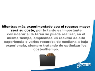 Mientras más experimentado sea el recurso mayor
será su costo, por lo tanto es importante
considerar si la tarea se puede realizar, en el
mismo tiempo, empleando un recurso de alta
experiencia o varios recursos de mediana a baja
experiencia, siempre tratando de optimizar los
costos/tiempo.
 