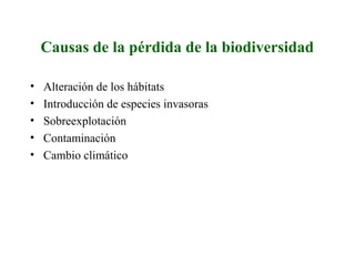 Causas de la pérdida de la biodiversidad
• Alteración de los hábitats
• Introducción de especies invasoras
• Sobreexplotación
• Contaminación
• Cambio climático
 