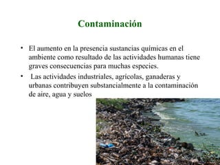 Contaminación
• El aumento en la presencia sustancias químicas en el
ambiente como resultado de las actividades humanas tiene
graves consecuencias para muchas especies.
• Las actividades industriales, agrícolas, ganaderas y
urbanas contribuyen substancialmente a la contaminación
de aire, agua y suelos
 