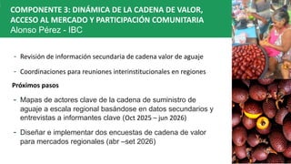 COMPONENTE 3: DINÁMICA DE LA CADENA DE VALOR,
ACCESO AL MERCADO Y PARTICIPACIÓN COMUNITARIA
Alonso Pérez - IBC
- Revisión de información secundaria de cadena valor de aguaje
- Coordinaciones para reuniones interinstitucionales en regiones
Próximos pasos
- Mapas de actores clave de la cadena de suministro de
aguaje a escala regional basándose en datos secundarios y
entrevistas a informantes clave (Oct 2025 – jun 2026)
- Diseñar e implementar dos encuestas de cadena de valor
para mercados regionales (abr –set 2026)
 