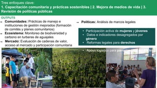 Tres enfoques clave:
1. Capacitación comunitaria y prácticas sostenibles | 2. Mejora de medios de vida | 3.
Revisión de políticas públicas
OUTPUTS
→ Comunidades: Prácticas de manejo e
instituciones de gestión mejorados (formación
de comités y planes comunitarios)
→ Ecosistema: Monitoreo de biodiversidad y
carbono en turberas de aguajales
→ Mercado: Evaluación de cadenas de valor,
acceso al mercado y participación comunitaria
• Participación activa de mujeres y jóvenes
• Datos e indicadores desagregados por
género
• Reformas legales para derechos
comunitarios
• Apoyo logístico para participación equitativa
→ Políticas: Análisis de marcos legales
 