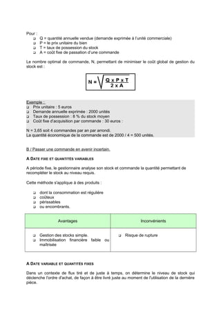 Pour :
 Q = quantité annuelle vendue (demande exprimée à l’unité commerciale)
 P = le prix unitaire du bien
 T = taux de possession du stock
 A = coût fixe de passation d’une commande
Le nombre optimal de commande, N, permettant de minimiser le coût global de gestion du
stock est :
Exemple :
 Prix unitaire : 5 euros
 Demande annuelle exprimée : 2000 unités
 Taux de possession : 8 % du stock moyen
 Coût fixe d’acquisition par commande : 30 euros :
N = 3,65 soit 4 commandes par an par arrondi.
La quantité économique de la commande est de 2000 / 4 = 500 unités.
B / Passer une commande en avenir incertain.
A DATE FIXE ET QUANTITÉS VARIABLES
A période fixe, le gestionnaire analyse son stock et commande la quantité permettant de
recompléter le stock au niveau requis.
Cette méthode s'applique à des produits :
 dont la consommation est régulière
 coûteux
 périssables
 ou encombrants.
Avantages Inconvénients
 Gestion des stocks simple.
 Immobilisation financière faible ou
maîtrisée
 Risque de rupture
A DATE VARIABLE ET QUANTITÉS FIXES
Dans un contexte de flux tiré et de juste à temps, on détermine le niveau de stock qui
déclenche l'ordre d'achat, de façon à être livré juste au moment de l'utilisation de la dernière
pièce.
 