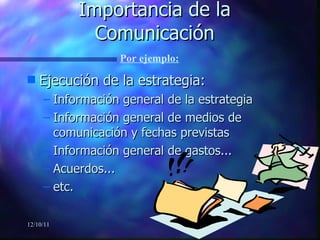 Importancia de la Comunicación Ejecución de la estrategia: Información general de la estrategia Información general de medios de comunicación y fechas previstas Información general de gastos...  Acuerdos... etc. 12/10/11 Por ejemplo: 