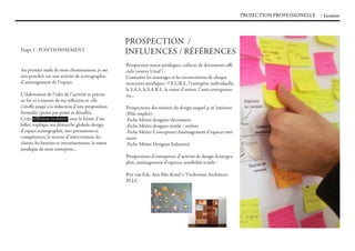 PROJECTION PROfESSIONELLE   / Gestion




                                                     PROSPECTION /
Etape 1 : POSITIONNEMENT                             INfLUENCES / RéféRENCES
                                                     Prospection statut juridiques, collecte de documents offi-
Au premier stade de mon cheminement, je me           ciels (source Ursaf ) :
suis penchée sur une activité de scénographie,       Connaitre les avantages et les inconvéniens de chaque
d’aménagement de l’espace.                           structures juridiques : l’E.U.R.L, l’entreprise individuelle,
                                                     la S.A.S, la S.A.R.L, le statut d’artiste, l’auto-entreprena-
L’élaboration de l’idée de l’activité se précise     ria...
au fur et à mesure de ma réflexion et elle
s’étoffe jusqu’a la rédaction d’une proposition      Prospections des métiers du design auquel je m’intéresse
formulée (point par point et détaillée.              (Pôle emploi):
Cette réfléxion évolutive, sous la forme d’un        -fiche Métier designer/décorateur
billet, explique ma démarche globale-design          -fiche Métier designer textile / styliste
d’espace scénographié, mes prestations et            -fiche Métier Concepteur/Aménagement d’espaces inté-
compétences, le secteur d’intervention, les          rieurs
clients, les besoins et investissements, la statut   -fiche Métier Designer Industriel
juridique de mon entreprise...
                                                     Prospections d’entreprises, d’activité de design Scénogra-
                                                     phie, aménagement d’espaces, sensibilité textile :

                                                     Piet van Eek, Ana Mir, Krsul + Viederman Architects
                                                     PLLC
 