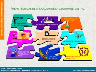 TECNOLOGIAS DE LA INFORMACION


                                ÁREAS TÉCNICAS DE APLICACIÓN DE LA GESTIÓN DE LAS TIC.



                                                                             DESARROLLO DE
                                                                             PRODUCTOS
                                     VIGILANCIA
                                     TECNOLÓGICA    INGENIERÍA CONCURRENTE




                                                         BENCHMARKING
                                CREATIVIDAD                                  GESTIÓN DE PROYECTOS




                                      SOLUCIÓN DE
                                      PROBLEMAS
                                      TRIZ                                     REDEFINICIÓN DE
                                                                ANÁLISIS
                                                                DEL VALOR      PROCESOS




TEMA : GESTION DE LAS TI
NUCLEO DE INNOVACION Y AVANZADA TECNOLOGIA ( NIAT )                                   ING . URIEL QUISPE MAMANI
 