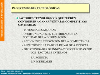 TECNOLOGIAS DE LA INFORMACION


                                IX. NECESIDADES TECNOLÓGICAS


                                  FACTORES TECNOLÓGICOS QUE PUEDEN
                                   CONTRIBUIR A GANAR VENTAJAS COMPETITIVAS
                                   SOSTENIDAS
                                     - POTENCIALES MEJORAS
                                     - OPORTUNIDADES EN EL TERRENO DE LA
                                      SOCIEDAD DE LA INFORMACIÓN
                                     - ACCIONES DE INNOVACIÓN DE LA COMPETENCIA
                                     - ASPECTOS DE LA CADENA DE VALOR A INNOVAR
                                     - OPORTUNIDADES DE INNOVACIÓN OFRECIDAS POR
                                           LOS FACTORES EXTERNOS
                                           1. URGENCIA
                                           2. NECESIDADES


TEMA : GESTION DE LAS TI
NUCLEO DE INNOVACION Y AVANZADA TECNOLOGIA ( NIAT )                   ING . URIEL QUISPE MAMANI
 
