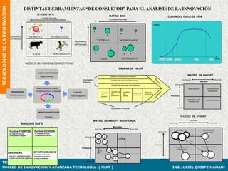 TECNOLOGIAS DE LA INFORMACION
                                                     DISTINTAS HERRAMIENTAS “DE CONSULTOR” PARA EL ANÁLISIS DE LA INNOVACIÓN
                                                                      MATRIZ BCG
                                                                                                                                                                          MATRIZ BCG                                                                             CURVA DEL CICLO DE VIDA
                                                                           Cuota de Mercado
                                                         +                                                  -                                                         Cuota de Mercado
                                                                                                                                                +                                                                       -
                                                +                                                                                      +                                                                                                    Vitalidad


                                                                                                      ?                                      a
                                                                                                                                                                                            e                       f
                                                                                                                                                                  b
                                 Crecimiento                 “ESTRELLA”                  “INTERROGANTE”
                                 del mercado
                                                                                                                                                  “ ESTRELLA”                          “ INTERROGANTE”
                                                                                                                     Crecimiento
                                                                                                                     del mercado
                                                                                                                                                                          d
                                                 -
                                                               “ VACA”                     “ PESO MUERTO”                                        c                                               g           h
                                                                                                                                       -
                                                                                                                                                         “ VACA”                        “ PESO MUERTO”                                              Embrionaria Emergente   Crecimiento                   Madurez              Declive
                                                                                                                                                                                                                                                                                                                                         Tiempo

                                                        MODELO DE FUERZAS COMPETITIVAS

                                                                                                                                                                                      CADENA DE VALOR
                                                                      NUEVOS COMPETIDORES

                                                                          Riesgo de entrada                                                                               Gestión de recursos humanos                                                                                          MATRIZ DE ANSOFF
                                                                                                                               Actividades                                 Gestión de recursos financieros                                                                                ACTUALES                                       NUEVOS
                                                                                                                               de Apoyo                                                                                                                                                                             Mercados

                                                                                                                                                                              Gestión de recursos tecnológicos                                                               ACTUALES

                                                                     COMPETIDORES ACTUALES                                                                                                                                                                                                     PENETRACIÓN                 EXPANSIÓN DE
                                                                     Rivalidad existente en la actualidad                                                                     Operaciones                                                                                                                                   MERCADOS
                                   PROVEEDORES                                                                     CLIENTES                               Logística                              Logística                     Servicio
                                                                                                                                                                              de                                 Operaciones
                                                                                                                                                                                                 de                            Post-venta
                                 Poder de negociación                                                                                                     de                                                     comerciales
                                                                                                                Poder de negociación                                          producción         salida                                                               Productos
                                                                                                                                                          entrada

                                                                                                                                                                                                                                                                                              DESARROLLO DE               DIVERSIFICACIÓN
                                                                                                                                                                                                                                                                                               PRODUCTOS



                                                                                                                                                                           Actividades Primarias                                                                               NUEVOS

                                                                       PRODUCTOS
                                                                               SUSTITUTIVOS

                                                                                 Amenazas                                                                                                                                                                                            MATRIZ DE ANSOFF
                                                                                                                                             MATRIZ DE ANSOFF MODIFICADA                                                                                                                         Mercados

                                                ANÁLISIS DAFO                                                                                                                                                                                                       ACTUALES                                                     NUEVOS

                                                                                                                                                                               Mercados
                                                                                                                                                ACTUALES                                                     NUEVOS                                                                                                   EXPANSIÓN DE
                                                                                                                                                                                                                                                                              PENETRACIÓN
                                 Puntos FUERTES                   Puntos DÉBILES                                                                                                                                                                   ACTUALES                                                             MERCADOS
                                 en relación con sus               en relación con sus
                                                                   competidores mejores                                                                                                                                                                                                              SI
                                 competidores mejores                                                                                                A
                                                                                                                                  ACTUALES                    C                             t+

                                                                                                                                                     B        D                                                                                                                SI                NO                       SI
                                                                                                                                                                                                                                               Productos
                                                                                                                                                                                                                                                                             DESARROLLO DE                           DIVERSIFICACIÓN
                                                                                                                              Productos
                                                                                                                                                                                                                                                                               PRODUCTOS
                                                                                                                                                         t+           F
                                AMENAZAS                          OPORTUNIDADES                                                                                                   G
                                                                  que ofrece el entorno
                                del entorno, debidas al sector    sectorial, tecnológico                                                                              E                                I                                                                                                       SI
                                o a otras condiciones objetivas   o socio-económico                                                                                               H                                                                     NUEVOS

TEMA : GESTION DE LAS TI                                                                                                               NUEVOS


NUCLEO DE INNOVACION Y AVANZADA TECNOLOGIA ( NIAT )                                                                                                                                                                                                                         ING . URIEL QUISPE MAMANI
 