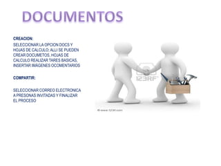 CREACION: SELECCIONAR LA OPCION DOCS Y HOJAS DE CALCULO; ALLI SE PUEDEN CREAR DOCUMETOS, HOJAS DE CALCULO REALIZAR TARES BASICAS, INSERTAR IMÁGENES OCOMENTARIOS COMPARTIR: SELECCIONAR CORREO ELECTRONICA A PRESONAS INVITADAS Y FINALIZAR EL PROCESODOCUMENTOS