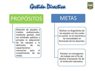 Gestión Directiva
PROPÓSITOS                   METAS
 Dotación de equipos y       Realizar un diagnóstico de
 medios audiovisuales,       los equipos con los cuales
 mediante gestión ante      se cuenta en el momento y
 las entidades públicas y        las necesidades en
 privadas la adquisición    formación de los docentes.
 de los equipos y la
 definición    de     las
 capacitaciones
 necesarias    para    el
 cumplimiento de las          Plantear un cronograma
 metas.                        de trabajo con el fin de
                             diseñar el proyecto TIC de
                              la institución educativa.
 