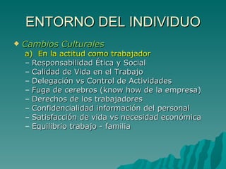 ENTORNO DEL INDIVIDUO Cambios Culturales a)  En la actitud como trabajador Responsabilidad Ética y Social Calidad de Vida en el Trabajo Delegación vs Control de Actividades Fuga de cerebros (know how de la empresa) Derechos de los trabajadores Confidencialidad información del personal Satisfacción de vida vs necesidad económica Equilibrio trabajo - familia 