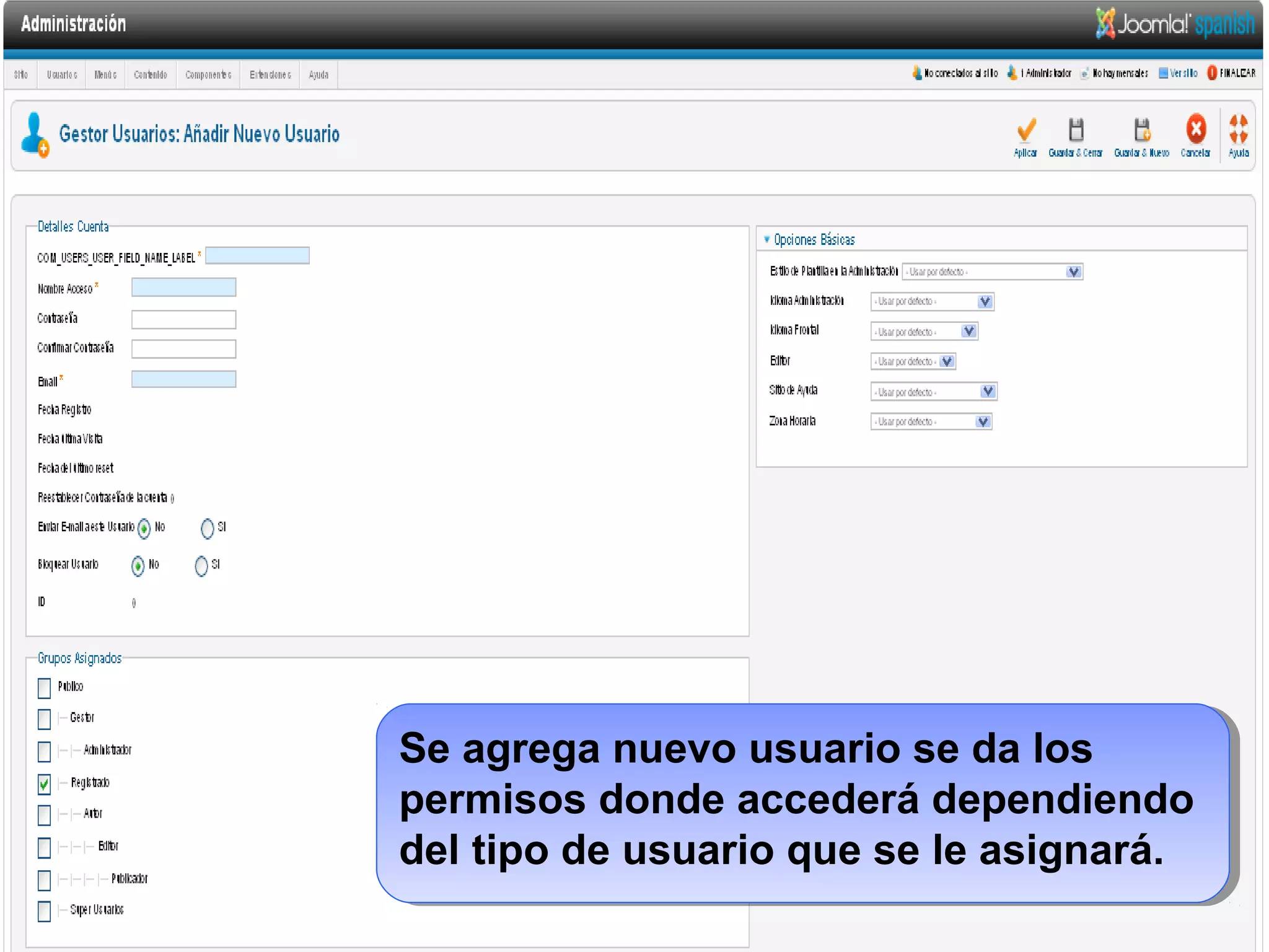 Se agrega nuevo usuario se da los
permisos donde accederá dependiendo
del tipo de usuario que se le asignará.
Se agrega nuevo usuario se da los
permisos donde accederá dependiendo
del tipo de usuario que se le asignará.
 