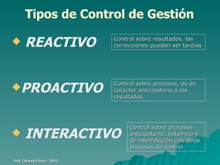 Tipos de Control de Gestión REACTIVO PROACTIVO INTERACTIVO Prof. Orlando Pérez - 2010 Control sobre resultados, las correcciones pueden ser tardías Control sobre procesos, es de carácter anticipatorio a los resultados.  Control sobre procesos anticipatorio, sistémico y de interrelación con otros procesos de control  