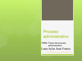 Proceso
administrativo
TEMA: Fases del proceso
administrativo
Luna Aylas Jean Franco
 