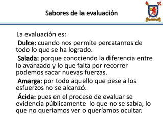 Sabores de la evaluación
La evaluación es:
Dulce: cuando nos permite percatarnos de
todo lo que se ha logrado.
Salada: porque conociendo la diferencia entre
lo avanzado y lo que falta por recorrer
podemos sacar nuevas fuerzas.
Amarga: por todo aquello que pese a los
esfuerzos no se alcanzó.
Ácida: pues en el proceso de evaluar se
evidencia públicamente lo que no se sabía, lo
que no queríamos ver o queríamos ocultar.
 