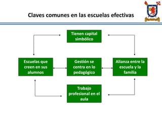 Claves comunes en las escuelas efectivas
Tienen capital
simbólico
Escuelas que
creen en sus
alumnos
Trabajo
profesional en el
aula
Alianza entre la
escuela y la
familia
Gestión se
centra en lo
pedagógico
 