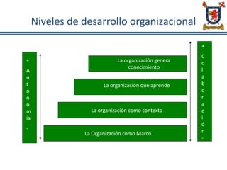 Niveles de desarrollo organizacional
La Organización como Marco
La organización como contexto
La organización que aprende
La organización genera
conocimiento
+
A
u
t
o
n
o
m
ía
-
+
C
o
l
a
b
o
r
a
c
i
ó
n
-
 