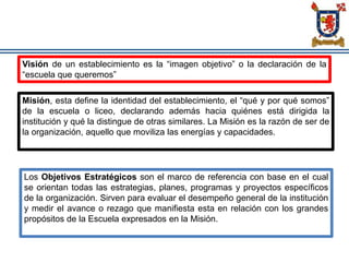 Visión de un establecimiento es la “imagen objetivo” o la declaración de la
“escuela que queremos”
Misión, esta define la identidad del establecimiento, el “qué y por qué somos”
de la escuela o liceo, declarando además hacia quiénes está dirigida la
institución y qué la distingue de otras similares. La Misión es la razón de ser de
la organización, aquello que moviliza las energías y capacidades.
Los Objetivos Estratégicos son el marco de referencia con base en el cual
se orientan todas las estrategias, planes, programas y proyectos específicos
de la organización. Sirven para evaluar el desempeño general de la institución
y medir el avance o rezago que manifiesta esta en relación con los grandes
propósitos de la Escuela expresados en la Misión.
 
