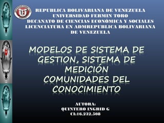 REPUBLICA BOLIVARIANA DE VENEZUELA
UNIVERSIDAD FERMIN TORO
DECANATO DE CIENCIAS ECONÓMICA Y SOCIALES
LICENCIATURA EN ADMREPUBLICA BOLIVARIANA
DE VENEZUELA

AUTORA:
QUINTERO INGRID G
CI:16.232.508

 