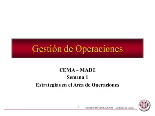 GESTION DE OPERACIONES – Ing Pedro del Campo
1
Gestión de Operaciones
CEMA – MADE
Semana 1
Estrategias en el Area de Operaciones
 