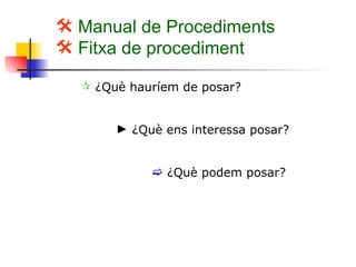 Manual de Procediments Fitxa de procediment ¿Què hauríem de posar? ¿Què ens interessa posar? ¿Què podem posar? 