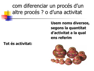 com diferenciar un procés d’un altre procés ? o d’una activitat Tot és activitat: Usem noms diversos, segons la quantitat  d’activitat a la qual  ens referim 