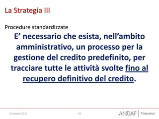 La Strategia III

Procedure standardizzate
   E’ necessario che esista, nell’ambito
    amministrativo, un processo per la
   gestione del credito predefinito, per
  tracciare tutte le attività svolte fino al
      recupero definitivo del credito.


 25 ottobre 2012           34
 