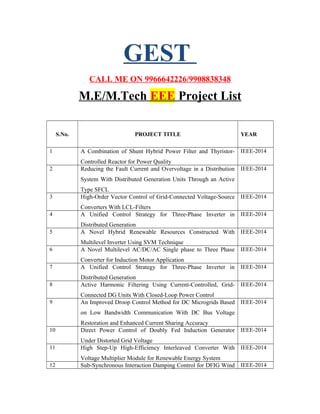 GEST
CALL ME ON 9966642226/9908838348
M.E/M.Tech EEE Project List
S.No. PROJECT TITLE YEAR
1 A Combination of Shunt Hybrid Power Filter and Thyristor-
Controlled Reactor for Power Quality
IEEE-2014
2 Reducing the Fault Current and Overvoltage in a Distribution
System With Distributed Generation Units Through an Active
Type SFCL
IEEE-2014
3 High-Order Vector Control of Grid-Connected Voltage-Source
Converters With LCL-Filters
IEEE-2014
4 A Unified Control Strategy for Three-Phase Inverter in
Distributed Generation
IEEE-2014
5 A Novel Hybrid Renewable Resources Constructed With
Multilevel Inverter Using SVM Technique
IEEE-2014
6 A Novel Multilevel AC/DC/AC Single phase to Three Phase
Converter for Induction Motor Application
IEEE-2014
7 A Unified Control Strategy for Three-Phase Inverter in
Distributed Generation
IEEE-2014
8 Active Harmonic Filtering Using Current-Controlled, Grid-
Connected DG Units With Closed-Loop Power Control
IEEE-2014
9 An Improved Droop Control Method for DC Microgrids Based
on Low Bandwidth Communication With DC Bus Voltage
Restoration and Enhanced Current Sharing Accuracy
IEEE-2014
10 Direct Power Control of Doubly Fed Induction Generator
Under Distorted Grid Voltage
IEEE-2014
11 High Step-Up High-Efficiency Interleaved Converter With
Voltage Multiplier Module for Renewable Energy System
IEEE-2014
12 Sub-Synchronous Interaction Damping Control for DFIG Wind IEEE-2014
 