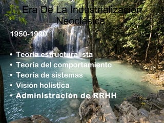 Era De La Industrialización Neoclásica  1950-1990 Teoría estructuralista Teoría del comportamiento Teoría de sistemas Visión holística Administración de RRHH 