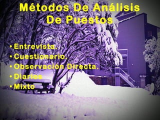 Métodos De Análisis De Puestos •  Entrevista. •  Cuestionario. •  Observación Directa. •  Diarios •  Mixto 