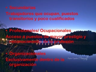 Secundarias Trabajadores que ocupan, puestos transitorios y poco cualificados Profesionales/ Ocupacionales Acceso a puestos de mayor prestigio y reconocimiento de la profesión Organizacionales  Exclusivamente dentro de la organización 