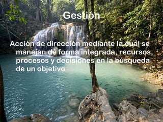 Gestión Acción de dirección mediante la cual se manejan de forma integrada, recursos, procesos y decisiones en la búsqueda de un objetivo 