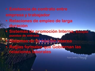 Existencia de contrato entre empresa y trabajador Relaciones de empleo de larga duración Sistemas de promoción Interna,  Excepto puestos de entrada Sistemas de formación interna Reglas formales que Gobiernan las relaciones laborales 