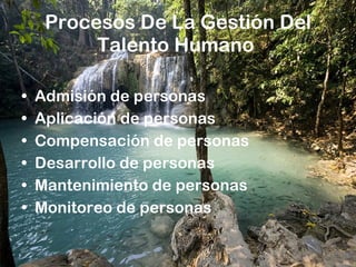 Procesos De La Gestión Del Talento Humano  Admisión de personas Aplicación de personas Compensación de personas  Desarrollo de personas  Mantenimiento de personas Monitoreo de personas 
