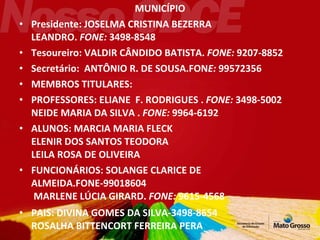 MUNICÍPIO Presidente: JOSELMA CRISTINA BEZERRA LEANDRO.  FONE:  3498-8548 Tesoureiro: VALDIR CÂNDIDO BATISTA.  FONE:  9207-8852 Secretário:  ANTÔNIO R. DE SOUSA.FON E:  99572356 MEMBROS TITULARES: PROFESSORES: ELIANE  F. RODRIGUES .  FONE:  3498-5002  NEIDE MARIA DA SILVA .  FONE:  9964-6192 ALUNOS: MARCIA MARIA FLECK ELENIR DOS SANTOS TEODORA LEILA ROSA DE OLIVEIRA FUNCIONÁRIOS: SOLANGE CLARICE DE ALMEIDA.FONE-99018604  MARLENE LÚCIA GIRARD.  FONE:  9615-4568 PAIS: DIVINA GOMES DA SILVA-3498-8654 ROSALHA BITTENCORT FERREIRA PERA 