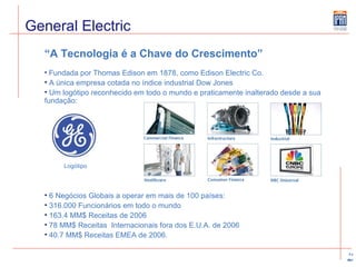 General Electric “ A Tecnologia é a Chave do Crescimento” Fundada por Thomas Edison em 1878, como Edison Electric Co. A única empresa cotada no índice industrial Dow Jones Um logótipo reconhecido em todo o mundo e praticamente inalterado desde a sua fundação: 6 Negócios Globais a operar em mais de 100 países: 316.000 Funcionários em todo o mundo 163.4 MM$ Receitas de 2006 78 MM$ Receitas  Internacionais fora dos E.U.A. de 2006  40.7 MM$ Receitas EMEA de 2006. Logótipo 